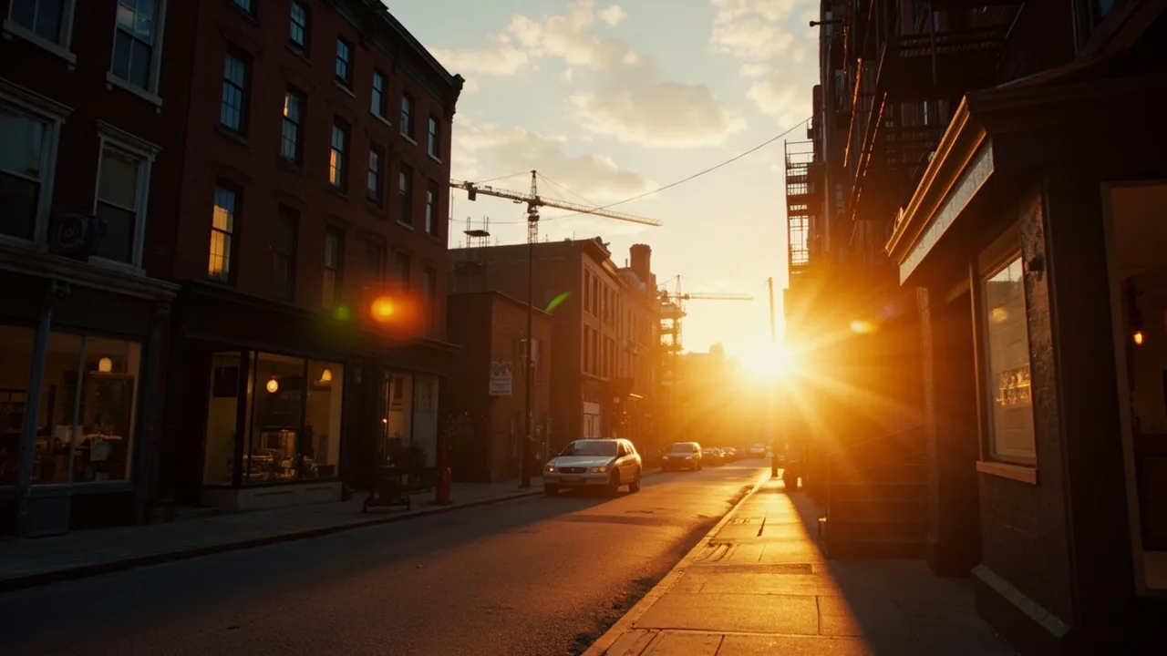 A neighborhood main street at dawn, storefronts lit warm, construction cranes on the skyline